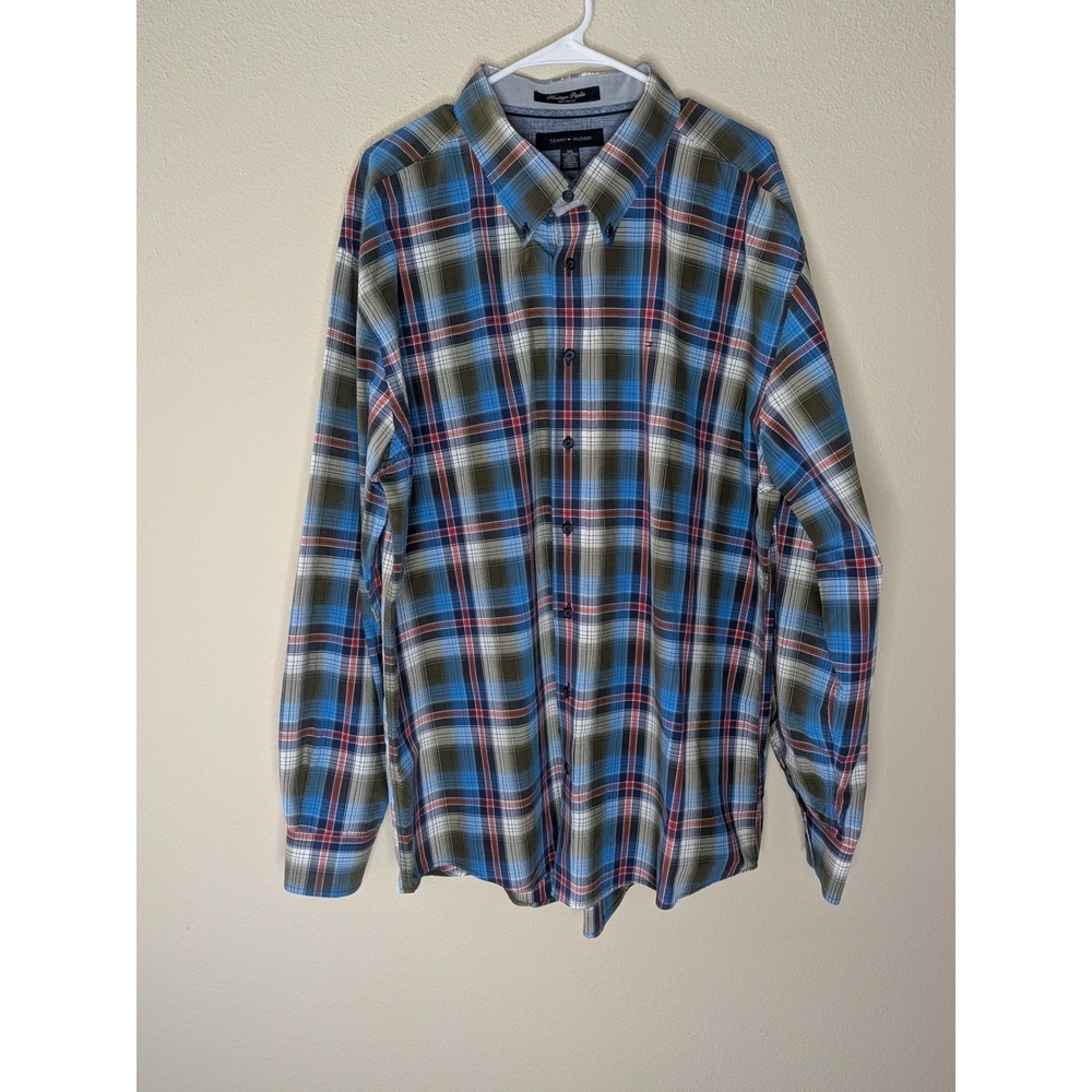 Tommy Hilfiger Mens XXL Heritage Poplin Plaid Button Down Shirt Blue Olive Green